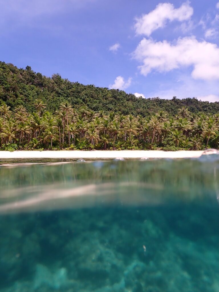 Photo taken from the water showing a white sandy beach in Guam rising into mountainous terrain